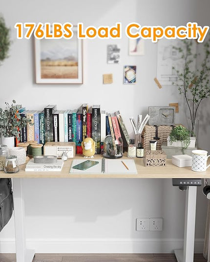 STARY Electric Adjustable Height Sit Stand Home Office Desk with Splice Board, 48x24, Castin Oak Desktop/White Frame - LeafyLoom