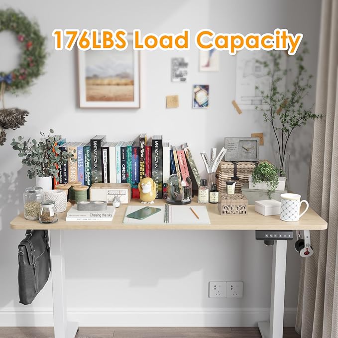 STARY Electric Adjustable Height Sit Stand Home Office Desk with Splice Board, 48x24, Castin Oak Desktop/White Frame - LeafyLoom