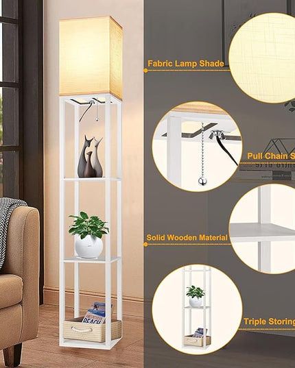 Floor Lamp with Shelves for Living Room White, Shelf Floor Lamp with 3 CCT LED Bulb, Corner Display Standing Column Lamp Etagere Organizer Tower Nightstand with White Linen Shade for Bedroom, Office - LeafyLoom