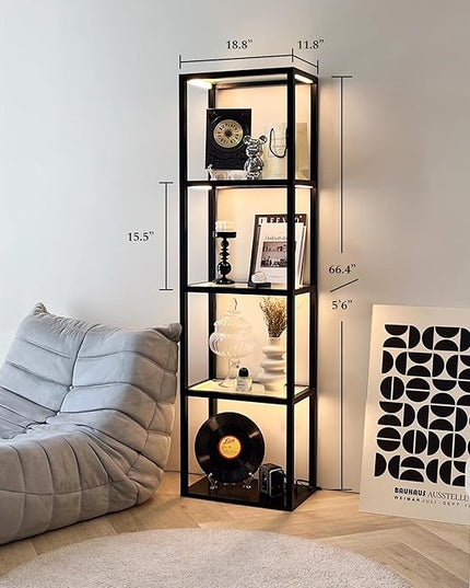 FENLO Fantasy Plus Pro - 66" LED Glass Display Shelf with Dimmable LED Floor Lamp, Curio Cabinet with Adjustable Color Temp, Open Display Cabinet for Collectibles, Long Lasting LED - LeafyLoom