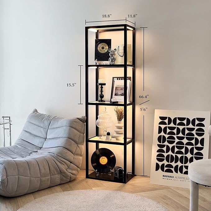 FENLO Fantasy Plus Pro - 66" LED Glass Display Shelf with Dimmable LED Floor Lamp, Curio Cabinet with Adjustable Color Temp, Open Display Cabinet for Collectibles, Long Lasting LED - LeafyLoom