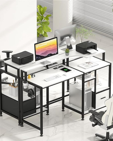 GreenForest 55 inch Computer Desk with Drawers and Outlets, Home Office Desk with Storage and Printer Shelf, Work Desk with Fabric File Drawer, Study Desk with Monitor Stand, Computer Table, White - LeafyLoom