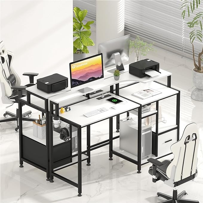 GreenForest 55 inch Computer Desk with Drawers and Outlets, Home Office Desk with Storage and Printer Shelf, Work Desk with Fabric File Drawer, Study Desk with Monitor Stand, Computer Table, White - LeafyLoom