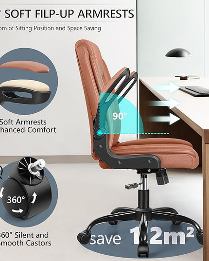 Office Chair Ergonomic Computer Desk Chair, Executive Leather Office Chair with Adjustable Flip-up Armrests Height, Swivel Task Chair with Lumbar Support Rocking Function for Home Office(Brown) - LeafyLoom