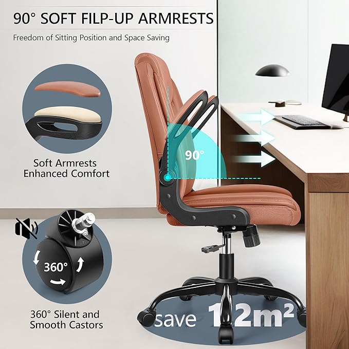 Office Chair Ergonomic Computer Desk Chair, Executive Leather Office Chair with Adjustable Flip-up Armrests Height, Swivel Task Chair with Lumbar Support Rocking Function for Home Office(Brown) - LeafyLoom