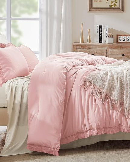 Andency Pink Tassel Comforter Set Full(79x90Inch), 3 Pieces(1 boho Comforter, 2 Pillowcases) Farmhouse Shabby Chic Comforter Set, Soft Microfiber Lightweight Fringe Bedding Comforter Set - LeafyLoom