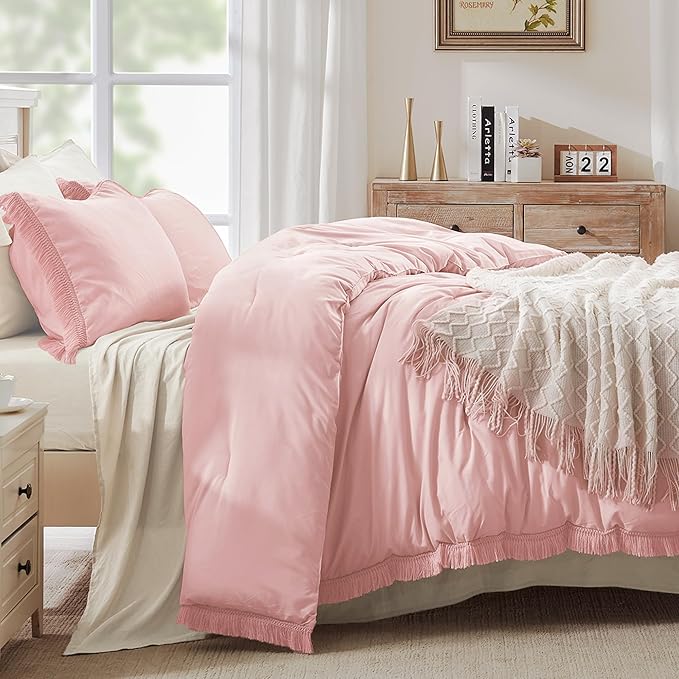 Andency Pink Tassel Comforter Set Full(79x90Inch), 3 Pieces(1 boho Comforter, 2 Pillowcases) Farmhouse Shabby Chic Comforter Set, Soft Microfiber Lightweight Fringe Bedding Comforter Set - LeafyLoom