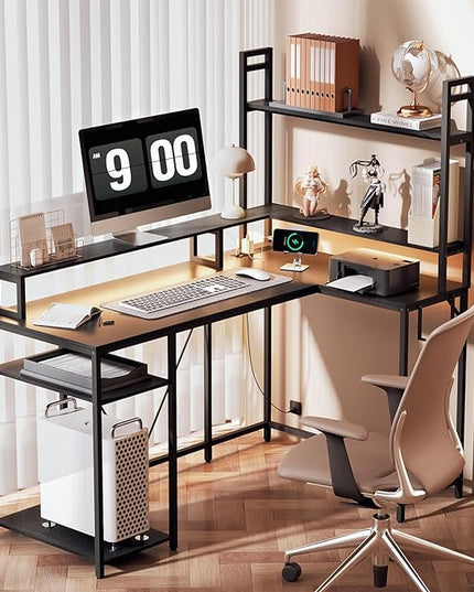 L Shaped Desk with Monitor Stand & Hutch, Computer Gaming Desk with LED Lights & Power Outlets, Home Office Coner Desk with Adjustable Storage Shelves, Black - LeafyLoom
