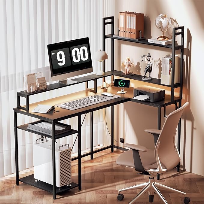 L Shaped Desk with Monitor Stand & Hutch, Computer Gaming Desk with LED Lights & Power Outlets, Home Office Coner Desk with Adjustable Storage Shelves, Black - LeafyLoom
