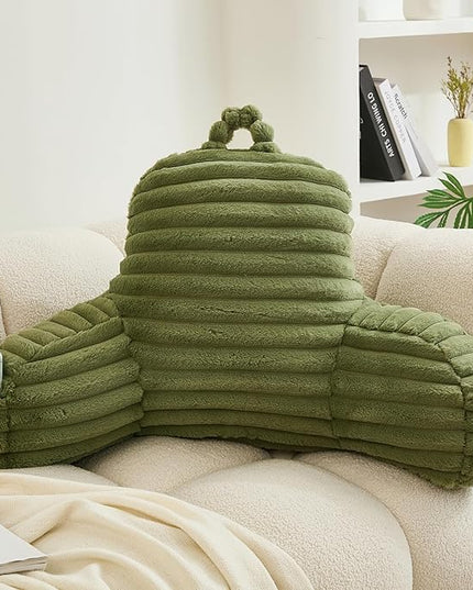 WERDIM Reading Pillow for Sitting in Bed, Faux Fur Back Pillow for Bed Rest, Bed Chair Pillow with Arms and Pockets(Large, Sage) - LeafyLoom