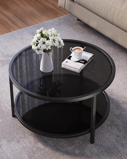 SAYGOER 27.6'' Round Coffee Table 2 Tier Black Glass Coffee Tables with Storage Shelf for Large or Small Space Modern Simple Sofa Table for Living Room Home Office, Easy Assembly… - LeafyLoom