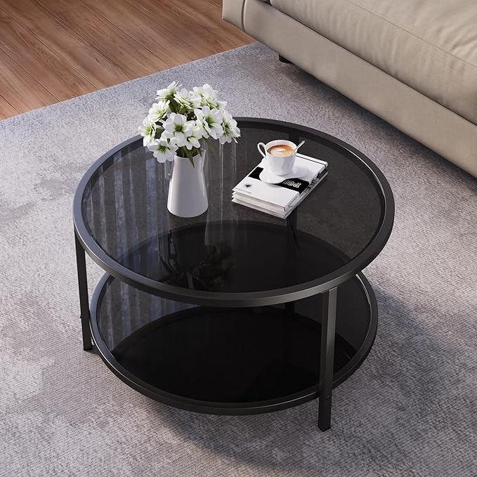SAYGOER 27.6'' Round Coffee Table 2 Tier Black Glass Coffee Tables with Storage Shelf for Large or Small Space Modern Simple Sofa Table for Living Room Home Office, Easy Assembly… - LeafyLoom