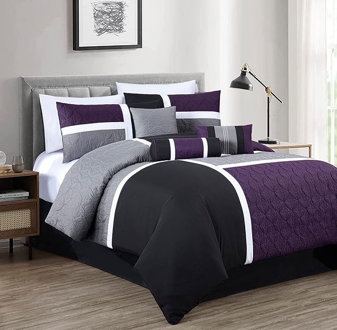 Chezmoi Collection Upland 7-Piece Quilted Patchwork Comforter Set, Purple/Black/Gray, California King - LeafyLoom