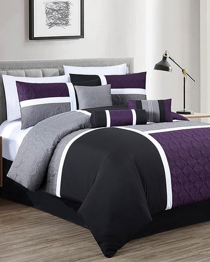 Chezmoi Collection Upland 7-Piece Quilted Patchwork Comforter Set, Purple/Black/Gray, Queen - LeafyLoom