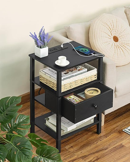 Lerliuo Nightstand Set of 2 with Charging Station and USB Ports, 3-Tier Storage End Table with Drawer Shelf, Night Stand for Small Spaces, Wood Bedside Table for Living Room, Bedroom - Classic Black - LeafyLoom