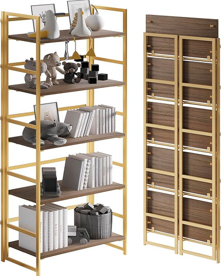No-Assembly Folding Gold Bookshelf Storage Shelves 5 Tiers Vintage Multifunctional Plant Flower Stand Storage Rack Shelves Bookcase for Home Office - LeafyLoom