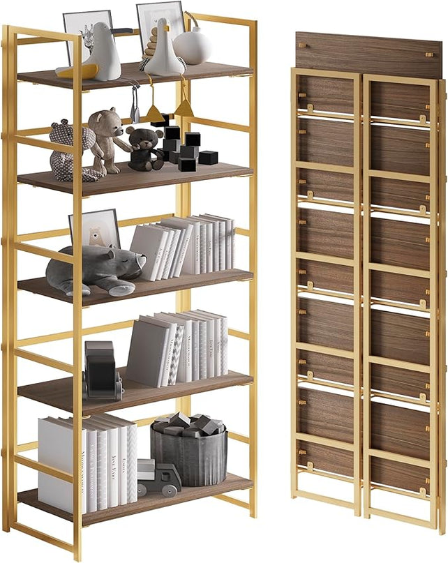No-Assembly Folding Gold Bookshelf Storage Shelves 5 Tiers Vintage Multifunctional Plant Flower Stand Storage Rack Shelves Bookcase for Home Office - LeafyLoom