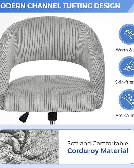 Office Desk Chair, Corduroy Ergonomic Office Chair with Wheels, Computer Swivel Rolling Chair, Comfy Vanity Desk Chairs for Bedroom, Living Room, Study, Light Grey - LeafyLoom