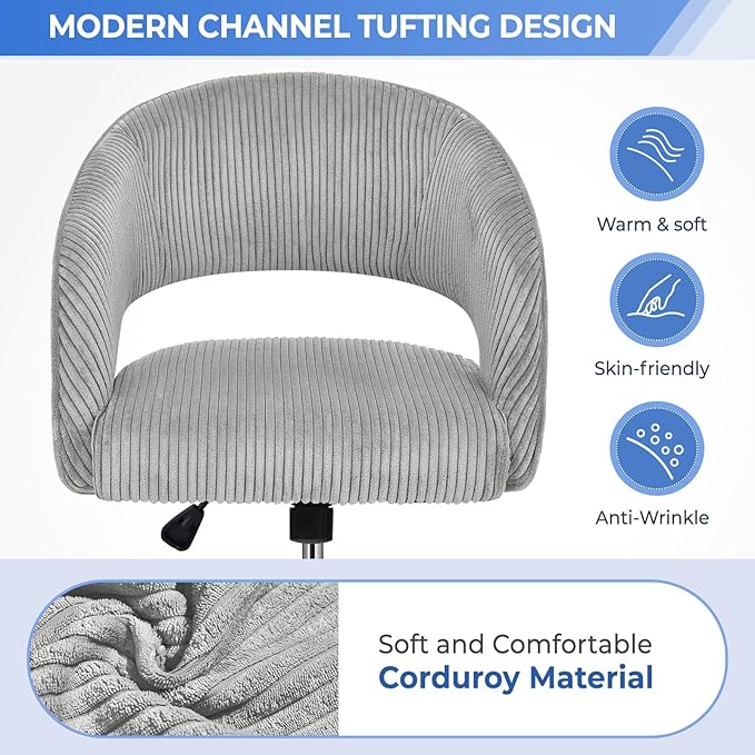 Office Desk Chair, Corduroy Ergonomic Office Chair with Wheels, Computer Swivel Rolling Chair, Comfy Vanity Desk Chairs for Bedroom, Living Room, Study, Light Grey - LeafyLoom