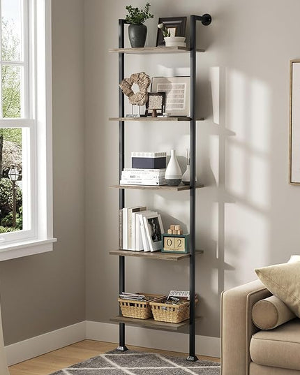 Axeman 5-Tier Ladder Shelf, Tall Narrow Bookcase for Small Spaces, Book Storage Organizer Case Open Shelves for Living Room, Home Office, Study, Industrial Style Black Metal Frame and Gray Shelf - LeafyLoom