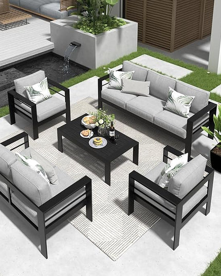 Solaste Aluminum Patio Furniture Set,5 Pieces Modern Outdoor Conversation Set Sectional Sofa with Upgrade Cushion and Coffee Table,Black Frame and Grey Cushion - LeafyLoom