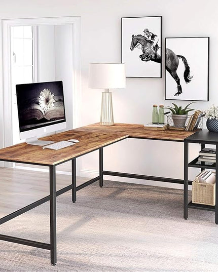 BANTI L Shape Computer Desk with Storage Shelf Study Writing Table for Home Office, Modern Simple Style PC Desk, Black Metal Frame - LeafyLoom