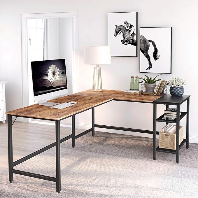 BANTI L Shape Computer Desk with Storage Shelf Study Writing Table for Home Office, Modern Simple Style PC Desk, Black Metal Frame - LeafyLoom