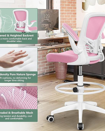 MINLOVE Ergonomic Drafting Office Chair, Tall Office Chair with Flip-up Armrests Executive Ergonomic Computer Standing Desk Chair with Lumbar Support and Adjustable Footrest(Pink) - LeafyLoom