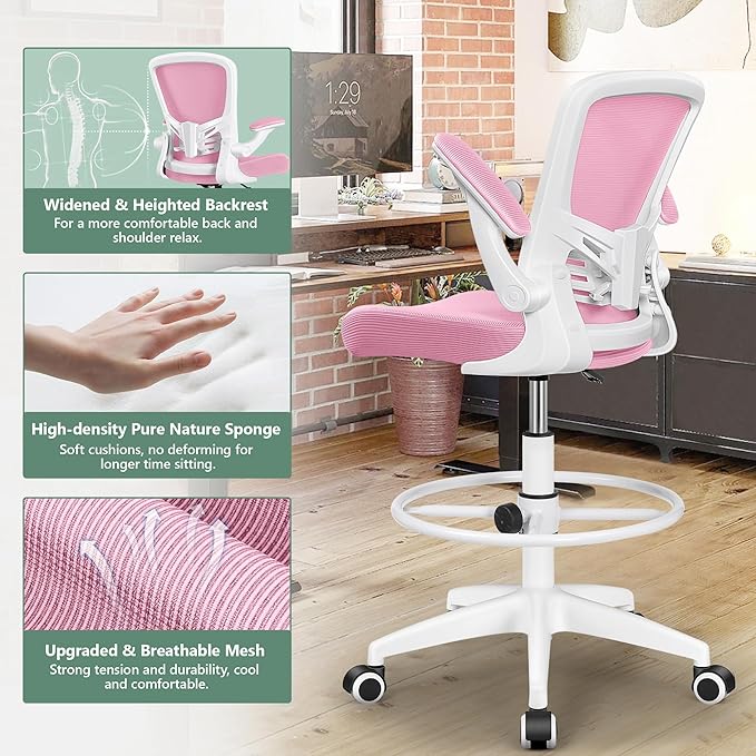 MINLOVE Ergonomic Drafting Office Chair, Tall Office Chair with Flip-up Armrests Executive Ergonomic Computer Standing Desk Chair with Lumbar Support and Adjustable Footrest(Pink) - LeafyLoom