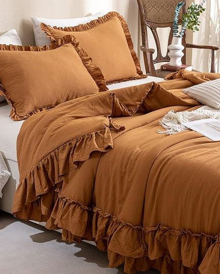 Pumpkin Color Ruffle Comforter Queen Size,Farmhouse Shabby Boho Chic Queen Bedding Comforter Set,3pcs Ultra Soft Fluffy Brown Orange Comforter Sets for Queen Bed with 2 Ruffled Pillowcases - LeafyLoom