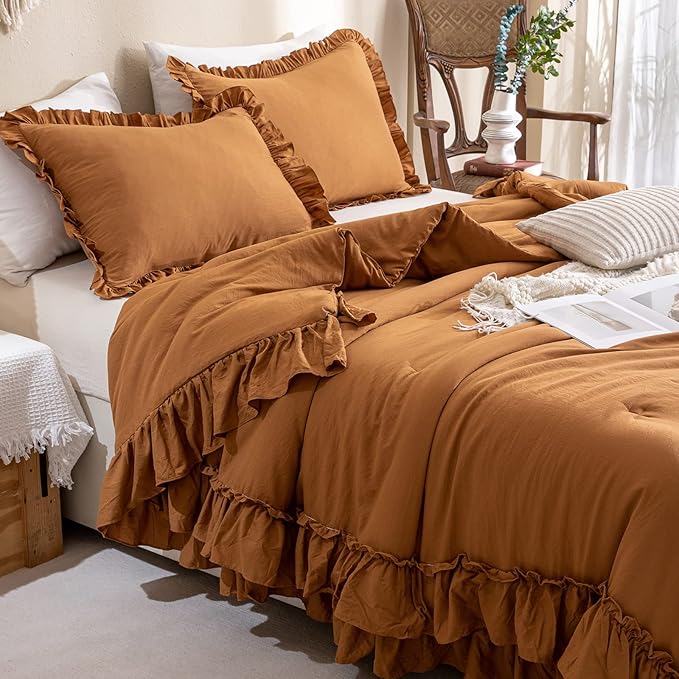 Pumpkin Color Ruffle Comforter Queen Size,Farmhouse Shabby Boho Chic Queen Bedding Comforter Set,3pcs Ultra Soft Fluffy Brown Orange Comforter Sets for Queen Bed with 2 Ruffled Pillowcases - LeafyLoom