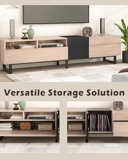 71 Inch TV Stand with Double Storage Space for TVs up to 80'', Modern TV Console with Drop Down Door, Entertainment Center for Living Room, Bedroom and Home Theatre, Natural Wood+Black - LeafyLoom