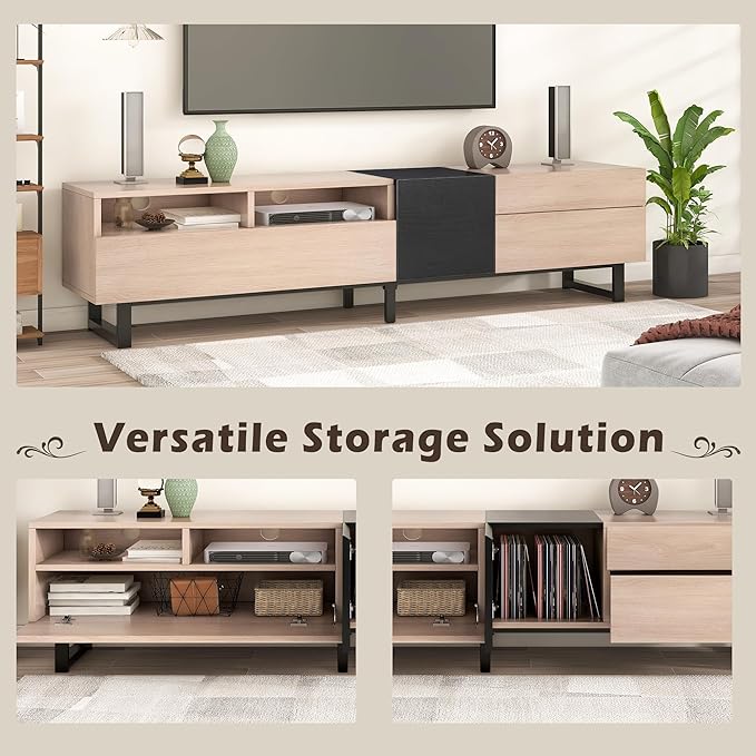 71 Inch TV Stand with Double Storage Space for TVs up to 80'', Modern TV Console with Drop Down Door, Entertainment Center for Living Room, Bedroom and Home Theatre, Natural Wood+Black - LeafyLoom