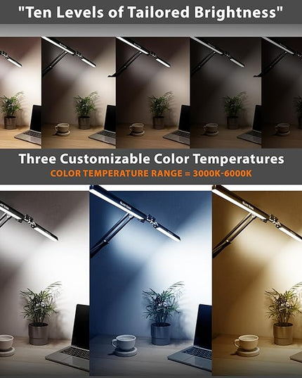 Desk Lamps for Home Office - Double Head LED Desk Lamp with Clamp, 24W, 3 Color Modes, Adjustable Arm, Eye-Caring Light for Study, Drafting, and Crafting, Black - LeafyLoom
