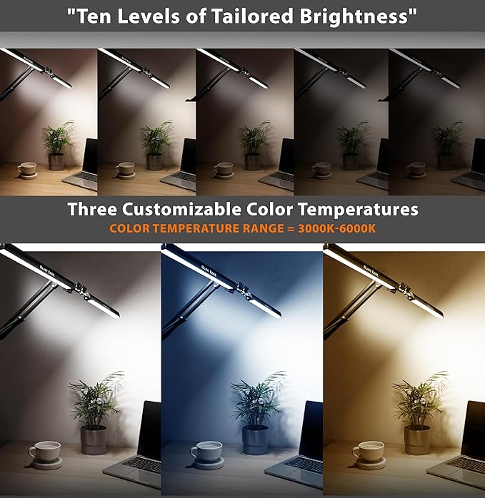 Desk Lamps for Home Office - Double Head LED Desk Lamp with Clamp, 24W, 3 Color Modes, Adjustable Arm, Eye-Caring Light for Study, Drafting, and Crafting, Black - LeafyLoom