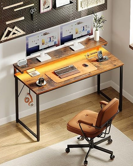 AODK Computer Desk, 48 Inch Gaming Desk with LED Lights and Power Outlet, Office Desk with Adjustable Monitor Shelf (3 Heights), Computer Table Work Desk for Home/Bedroom, Rustic Brown - LeafyLoom
