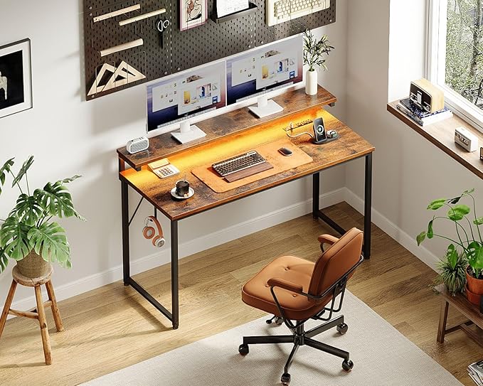 AODK Computer Desk, 48 Inch Gaming Desk with LED Lights and Power Outlet, Office Desk with Adjustable Monitor Shelf (3 Heights), Computer Table Work Desk for Home/Bedroom, Rustic Brown - LeafyLoom