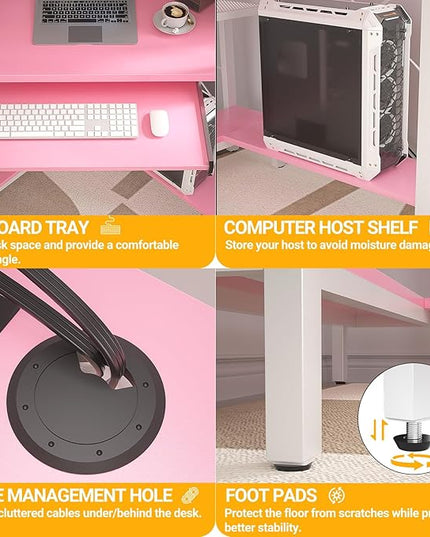 Cyclysio Small Corner Desk with Hutch, Corner Gaming Desk with LED Light & Power Outlets, Computer Desk with Keyboard Tray, Triangel Desk for Small Space, Home Office, Workstation, Pink - LeafyLoom