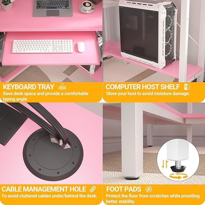 Cyclysio Small Corner Desk with Hutch, Corner Gaming Desk with LED Light & Power Outlets, Computer Desk with Keyboard Tray, Triangel Desk for Small Space, Home Office, Workstation, Pink - LeafyLoom