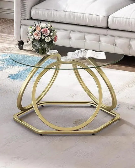O&K FURNITURE Gold Coffee Table, Modern Glass Coffee Table Living Room Table with Hexagonal Base, Round Coffee Table for Home&Office, Gold Finish, 1 PC… - LeafyLoom