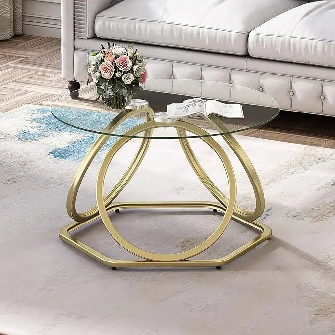 O&K FURNITURE Gold Coffee Table, Modern Glass Coffee Table Living Room Table with Hexagonal Base, Round Coffee Table for Home&Office, Gold Finish, 1 PC… - LeafyLoom