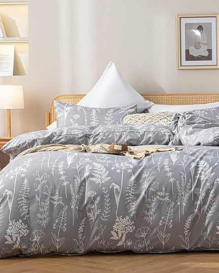 JANZAA Twin Comforter Set Floral Comforter Set Bedding Set White Flower Printing on Gray Comforter with 1 Pillow Case for All Season Using - LeafyLoom