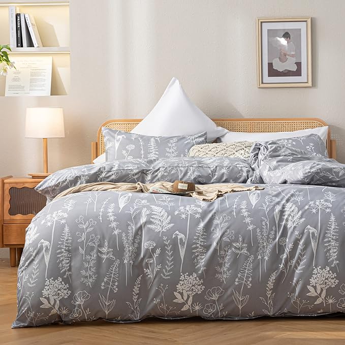 JANZAA California King Comforter Set 3PCS Comforter Set Floral Comforter Set Bedding Set White Flower Printing on Gray Comforter with 2 Pillow Cases for All Season - LeafyLoom