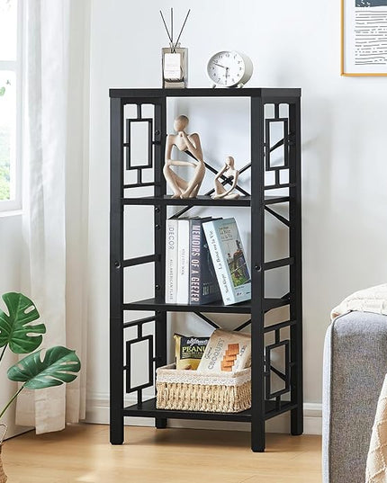 Bookshelf, Vintage Industrial 4 Tier Bookshelf, Freestanding Narrow Bookcase with Rustic Wood and Metal, Small Bookshelf for Home Office, Bedroom & Living Room, Black - LeafyLoom