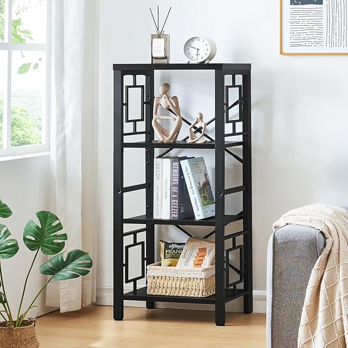 Bookshelf, Vintage Industrial 4 Tier Bookshelf, Freestanding Narrow Bookcase with Rustic Wood and Metal, Small Bookshelf for Home Office, Bedroom & Living Room, Black - LeafyLoom