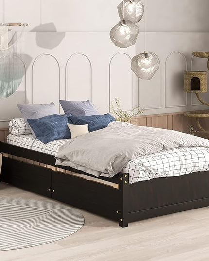 Twin Bed with 2 Storage Drawers, Solid Pinewood Twin Size Bed Frame,for Boys/Girls/Teens Bedroom, Easy to Assemble, No Box Spring Needed,Espresso - LeafyLoom