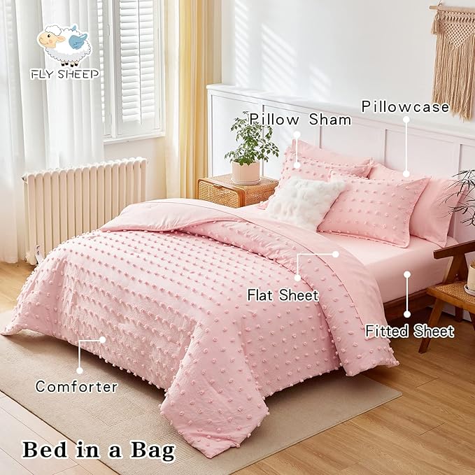 7 Pieces Tufted Dots Bed in a Bag Queen Comforter Set Girls Pink , Soft and Embroidery Shabby Chic Boho Comforters, Luxury Solid Color with Pom Pom Design, Jacquard Tufts Bedding Set for All Season - LeafyLoom