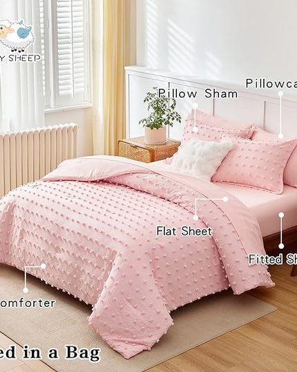 7 Pieces Tufted Dots Bed in a Bag King Comforter Set with Sheets Pink , Soft and Embroidery Shabby Chic Boho Comforters, Solid Color with Pom Pom Design, Jacquard Tufts Bedding Set for All Season - LeafyLoom