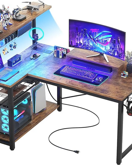 Homieasy Small Gaming Desk with Power Outlets Pegboard LED Light, 43 Inch L Shaped Computer Desk with Monitor Stand Storage Shelves, Reversible Corner Desk with Headset Hooks, Rustic Brown - LeafyLoom