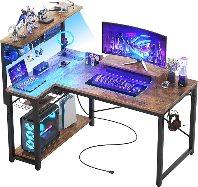 Homieasy Small Gaming Desk with Power Outlets Pegboard LED Light, 43 Inch L Shaped Computer Desk with Monitor Stand Storage Shelves, Reversible Corner Desk with Headset Hooks, Rustic Brown - LeafyLoom